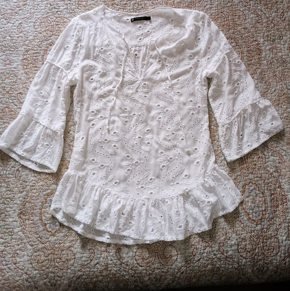 White Ruffled Top With 3/4 Sleeves